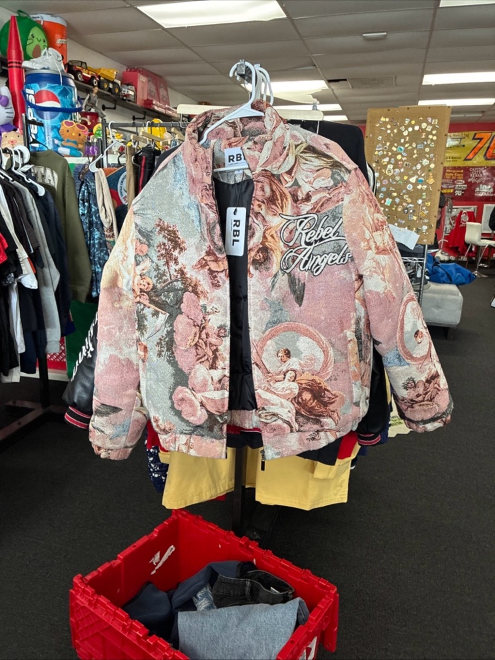 Men’s Rebel Minds Angels Floral Bomber Jacket in Pink and Cream Rare SZ SM